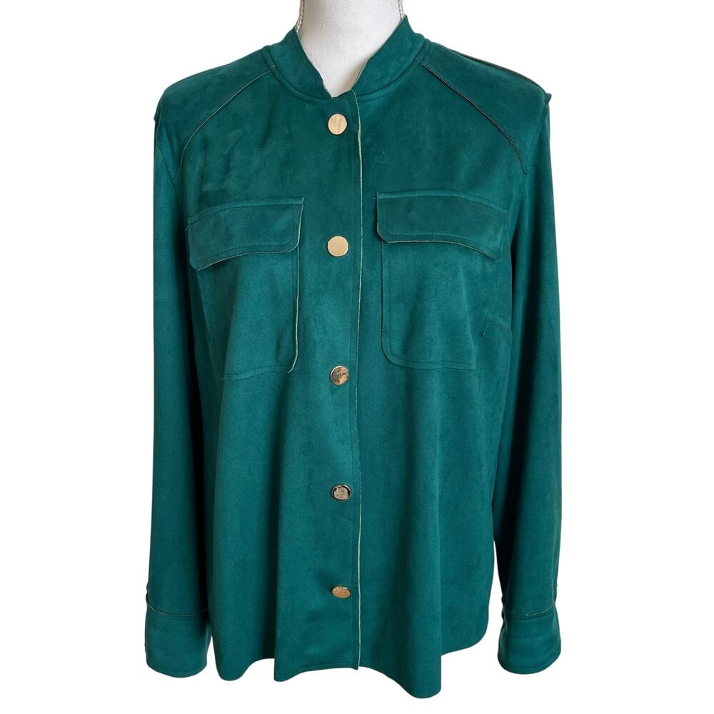 Chico's Jacket Women's Size 2 Large 12/14 Turquoise Faux Suede Gold Buttons
